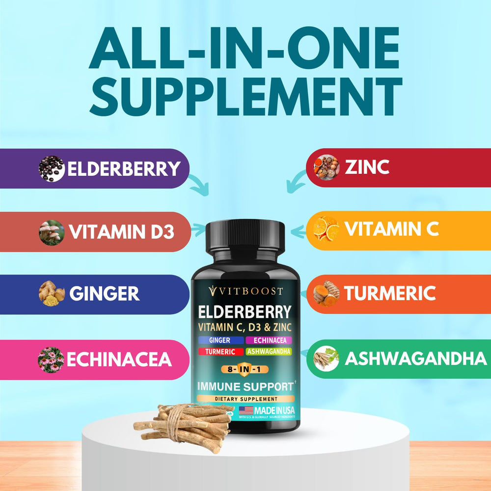 60-capsule bottle of Elderberry Immune Support 8-in-1
