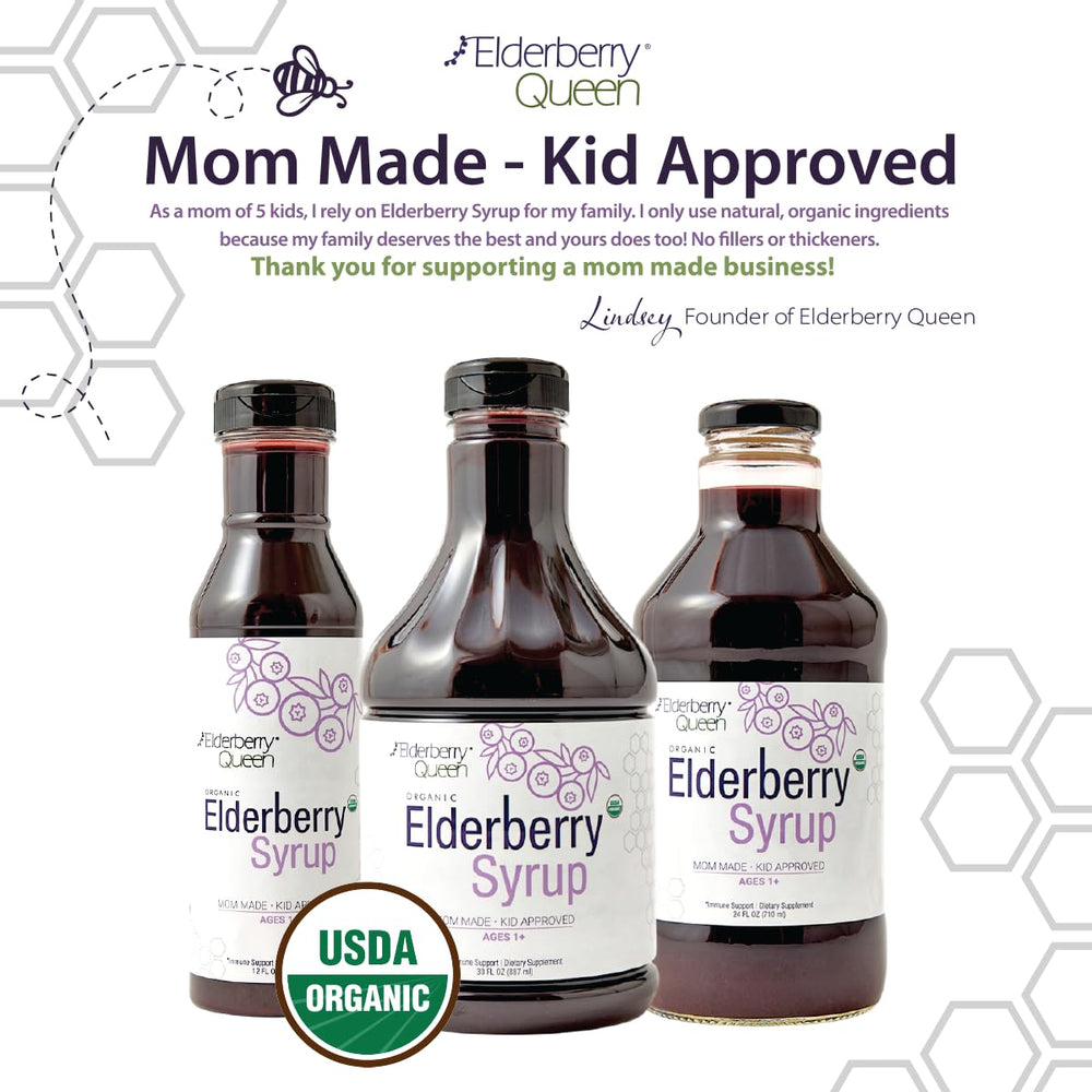 Elderberry Queen natural preservative-free syrup bottle in a kitchen setting.
