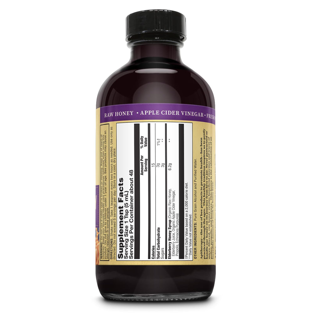 Close-up of elderberry syrup bottle
