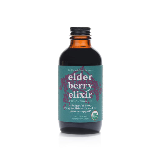 Fields Without Fences Elderberry Elixir bottle on kitchen counter for immune support