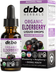 Bottle of organic elderberry syrup liquid drops with dropper