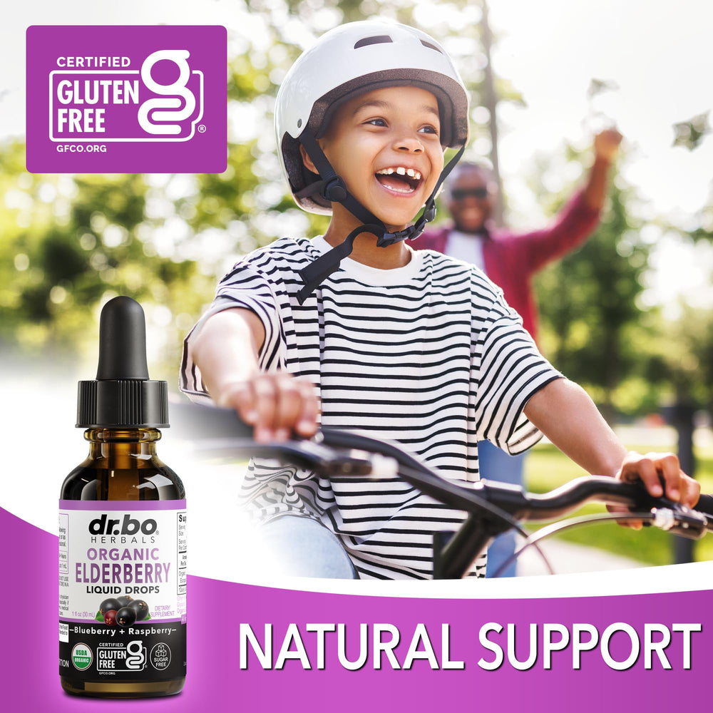 Front view of 1 fl oz USDA Organic elderberry syrup bottle