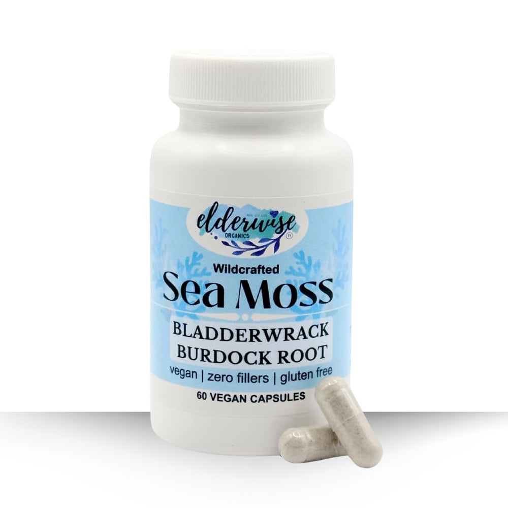 Close-up of Elderwise Sea Moss Capsules bottle