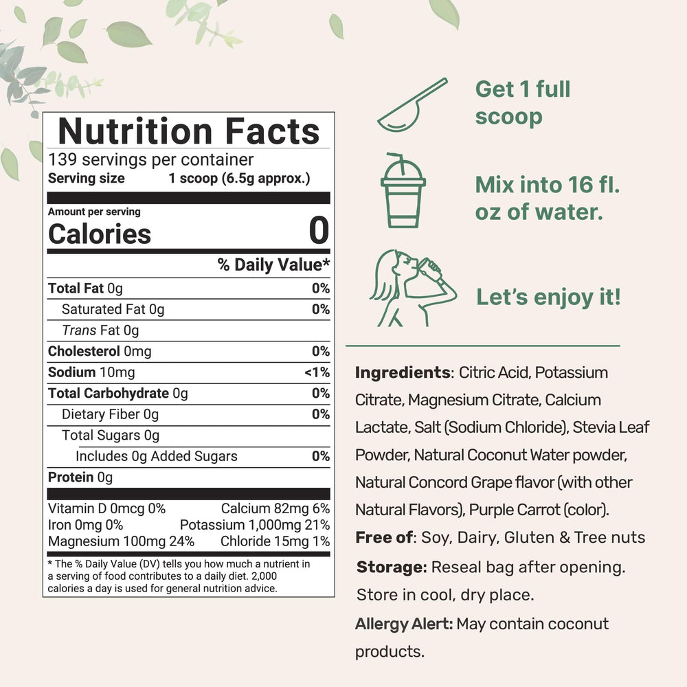 Electrolyte powder with coconut water and 1000 mg potassium