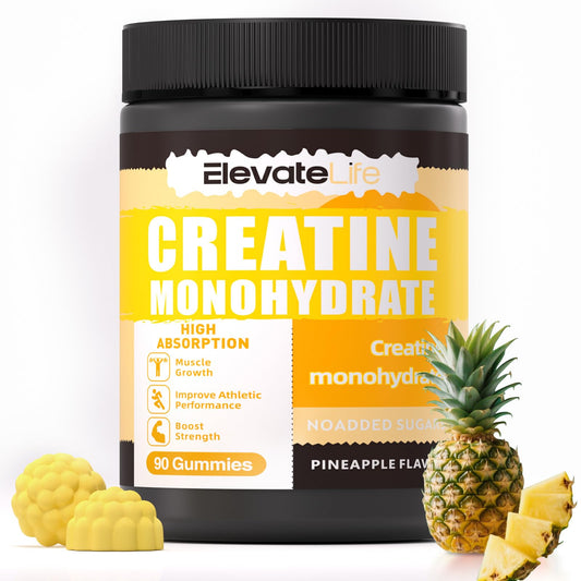 Front view of ElevateLife Creatine Monohydrate Gummies bottle with pineapple flavor