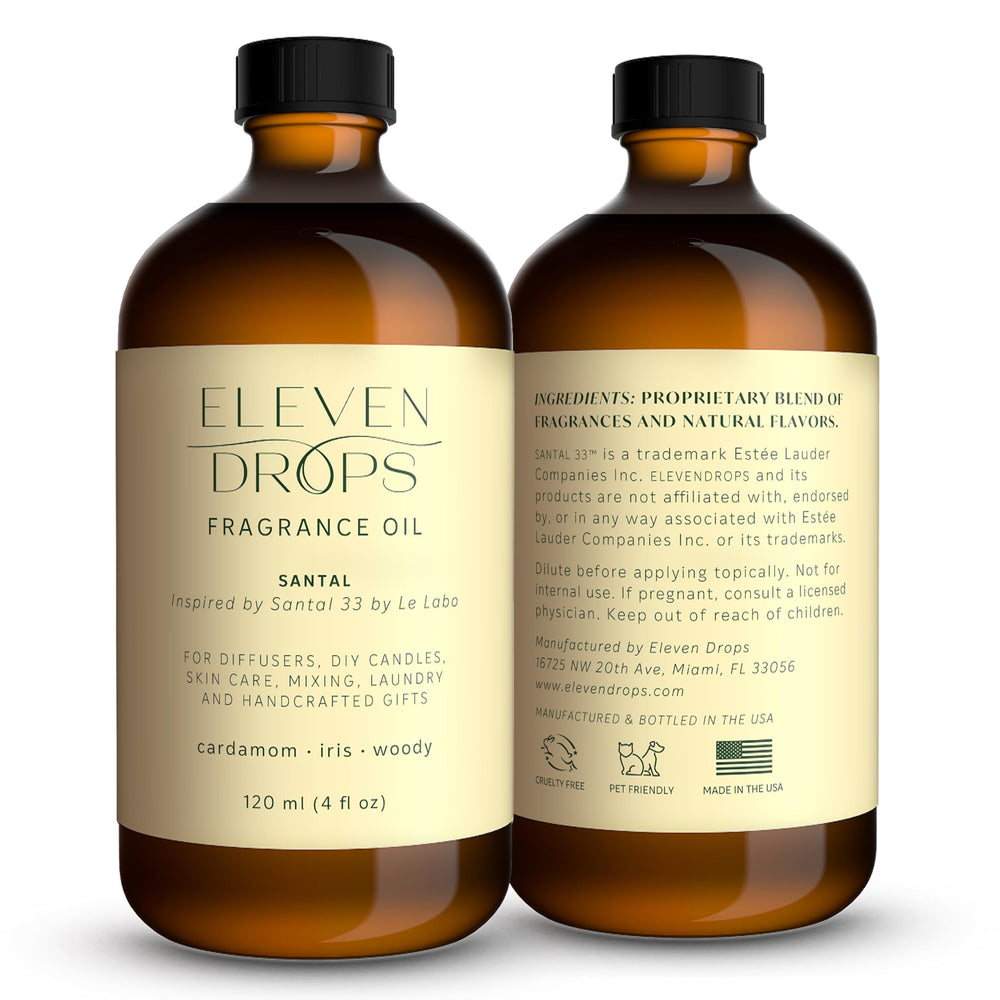 Front view of Eleven Drops Santal Aroma Fragrance Oil in a 4 oz amber glass bottle