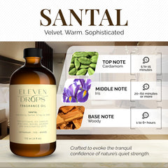 Close-up of Santal aroma oil in amber bottle with label