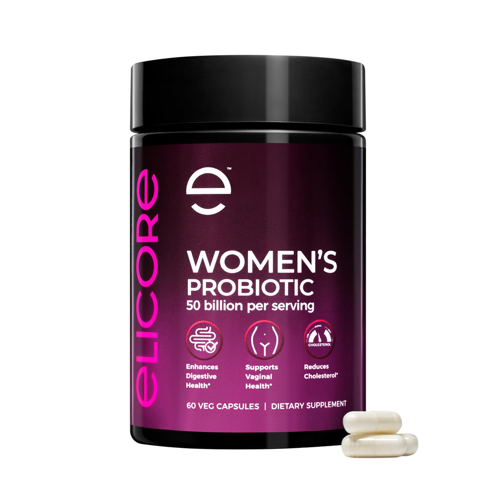 Front view of ELICORE Probiotics for Women bottle with 60 vegan capsules
