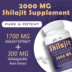 Dietary supplement bottle featuring 2000 mg Shilajit