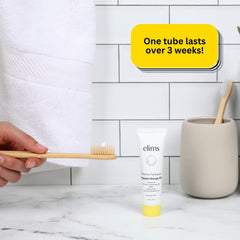 Ingredients and fluoride-free claim image for ELIMS toothpaste