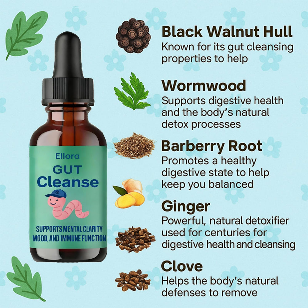 Dropper applying dose beside Ellora Gut Cleanse Drops bottle