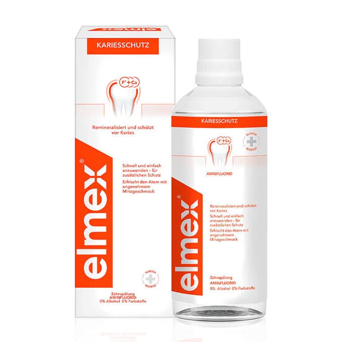 Elmex 400ml mouthwash label with product details