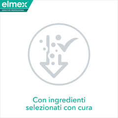Transparent mouthwash liquid inside Elmex bottle