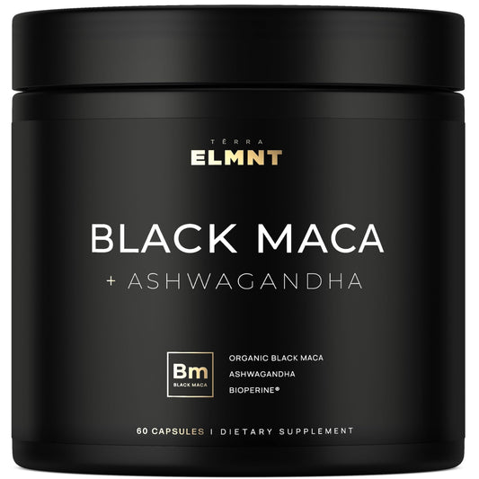 Front label of ELMNT Black Maca 40:1 with Ashwagandha capsules