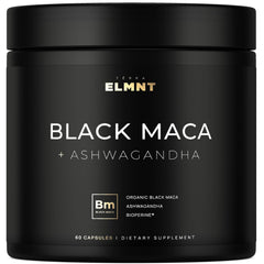Front label of ELMNT Black Maca 40:1 with Ashwagandha capsules