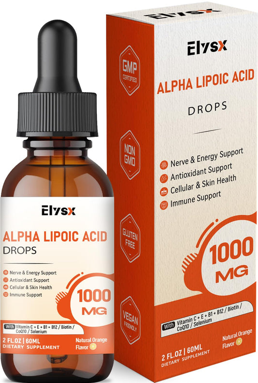 Bottle of Elysx Alpha Lipoic Acid 1000mg liquid drops with orange flavor