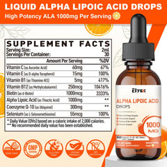 Supplement facts highlighting ALA, CoQ10, vitamins C & E, and selenium