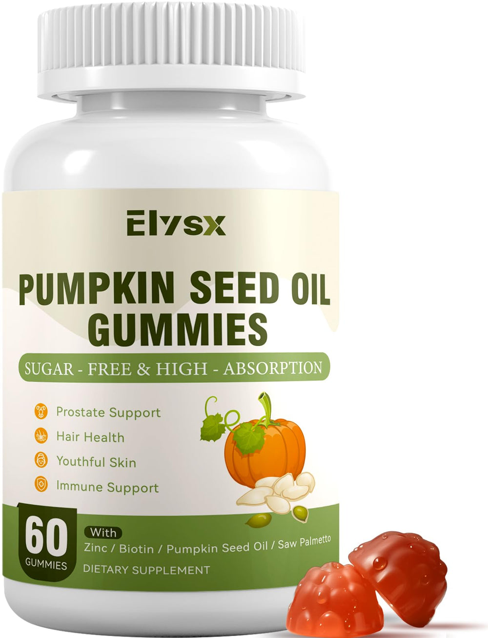 Elysx pumpkin seed oil gummies with saw palmetto bottle and label