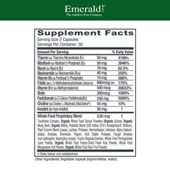 Close-up label showing methylated folic acid and full-spectrum B vitamins