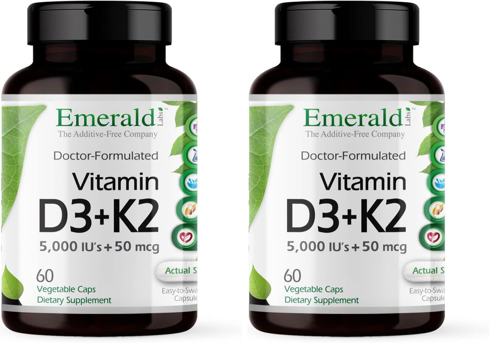 EMERALD LABS Vitamin D3+K2 bottle front with label, 60 vegetable capsules, Pack of 2