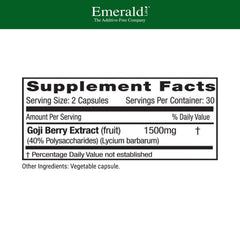 Nutrition facts label on Emerald Labs Goji Berry bottle