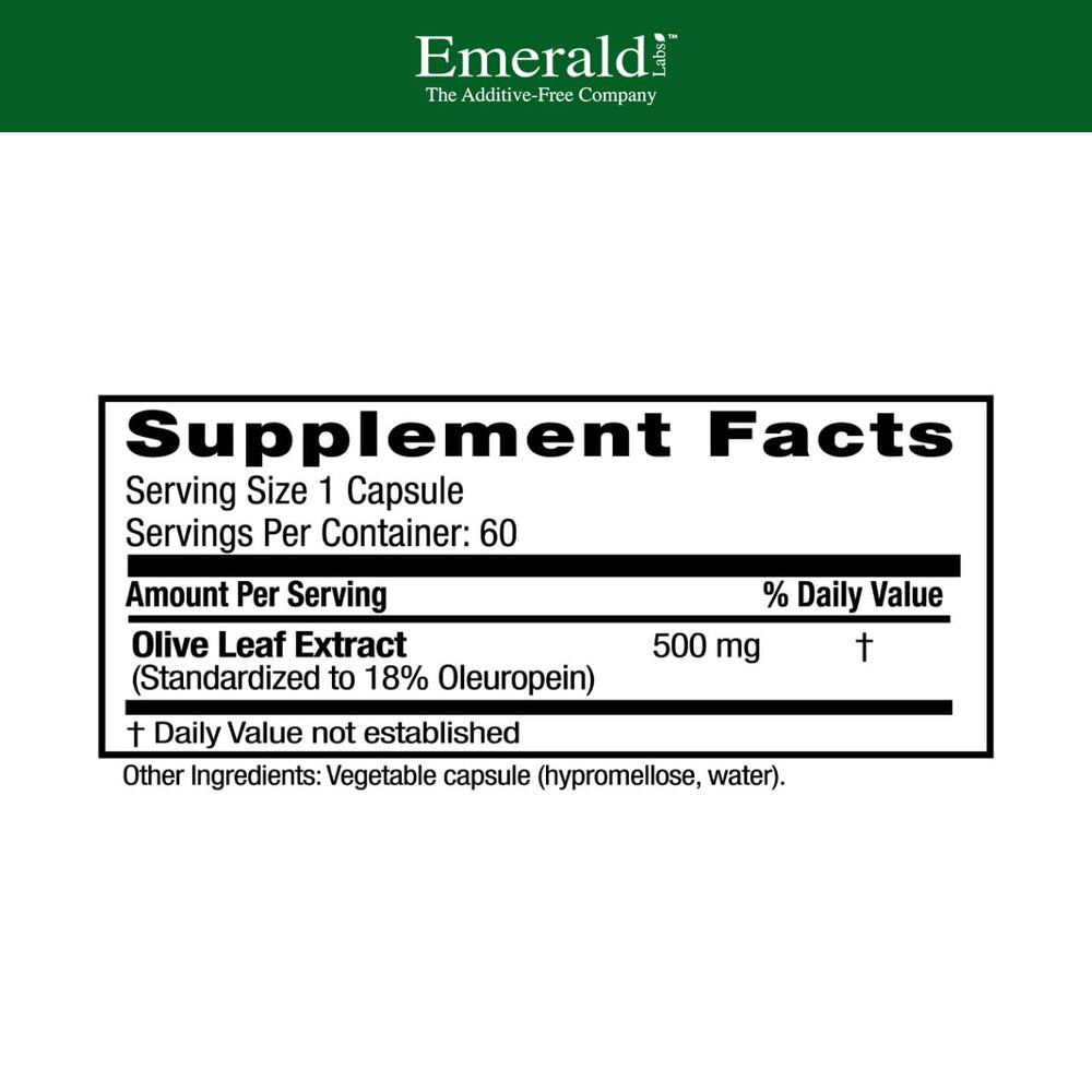 Close-up of Emerald Labs Olive Leaf 500mg bottle
