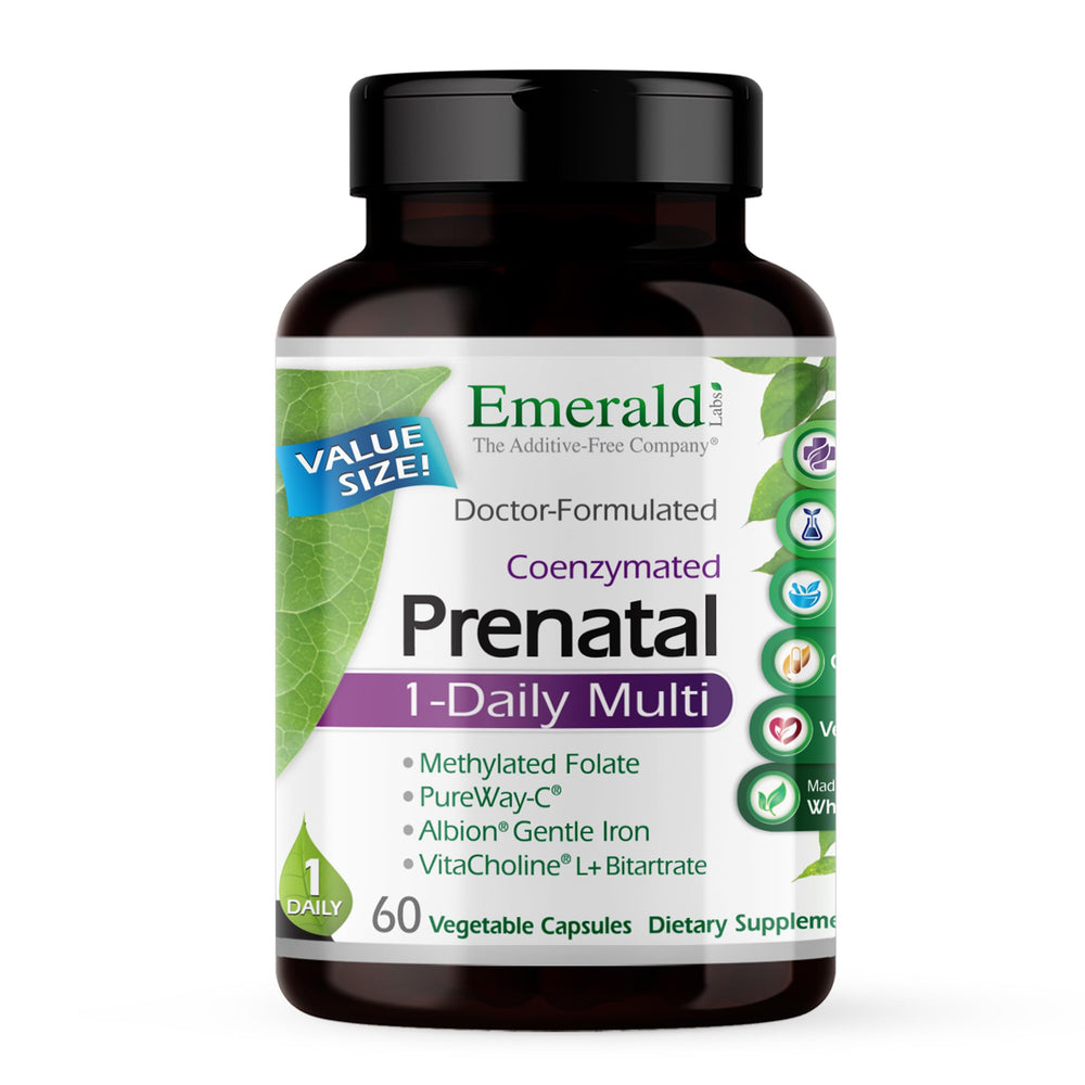 Emerald Labs Prenatal 1-Daily Multi bottle front view showing gentle iron support