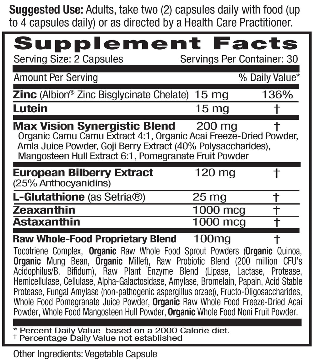 Vision Health product label with lutein and zeaxanthin