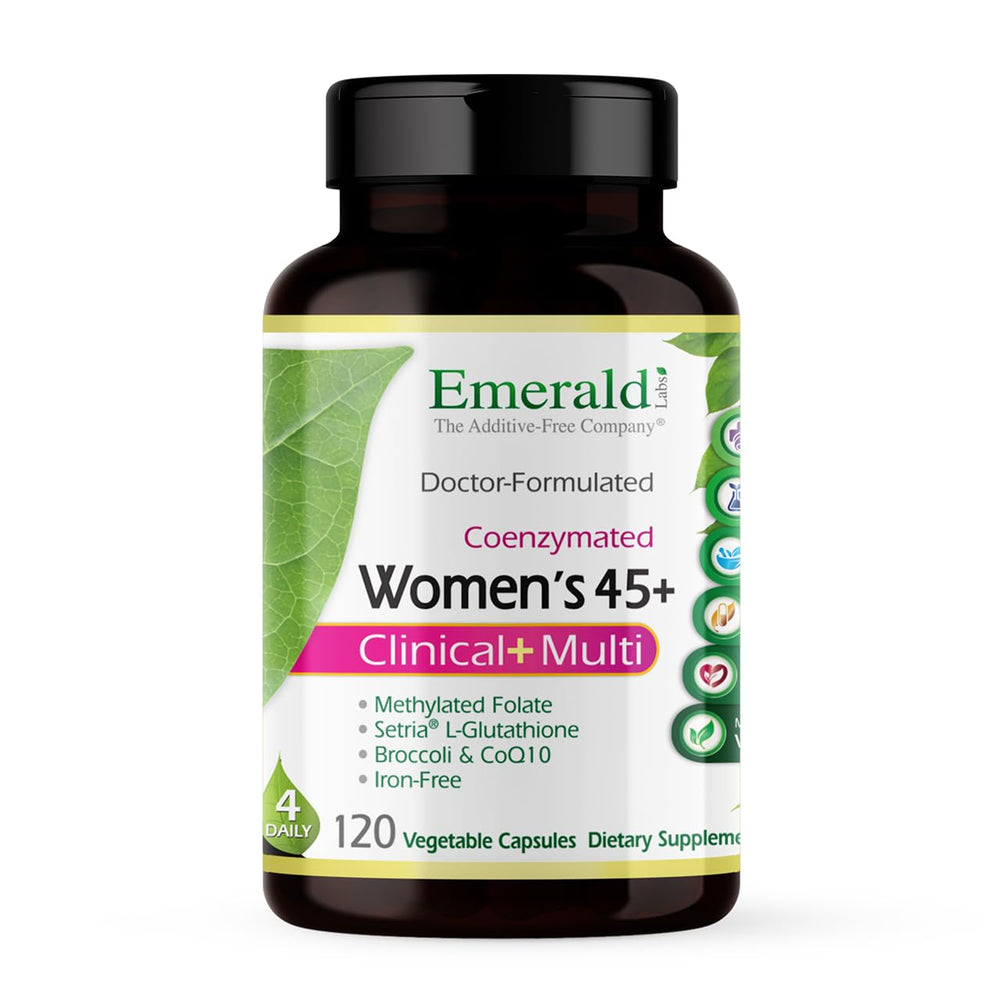 Front view of Emerald Labs Women's 45+ Multivitamin bottle