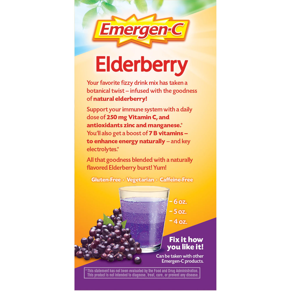 On-the-go sachets of Emergen-C Elderberry drink mix being carried