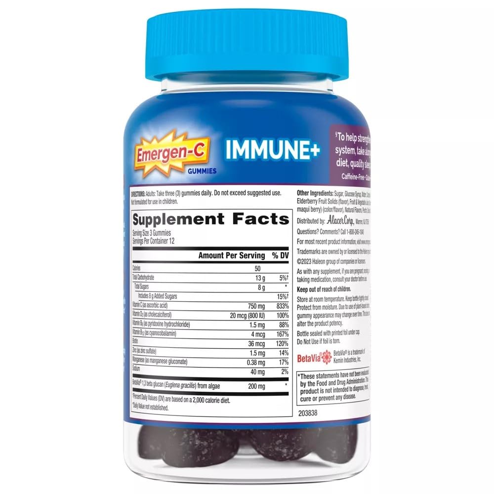 Emergen-C Immune+ Gummies Elderberry bottle back label