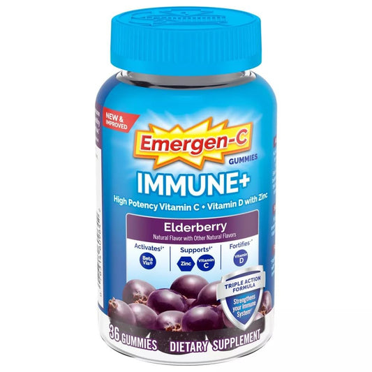 Emergen-C Immune+ Gummies Elderberry bottle front view, 36 count