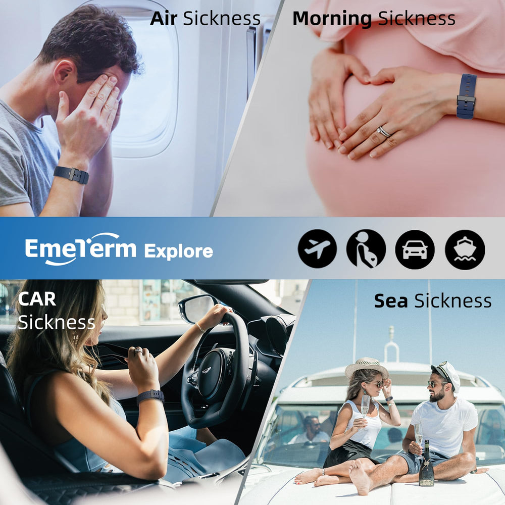EmeTerm Explore box contents include wristband, charger, gel, wipes, and manual