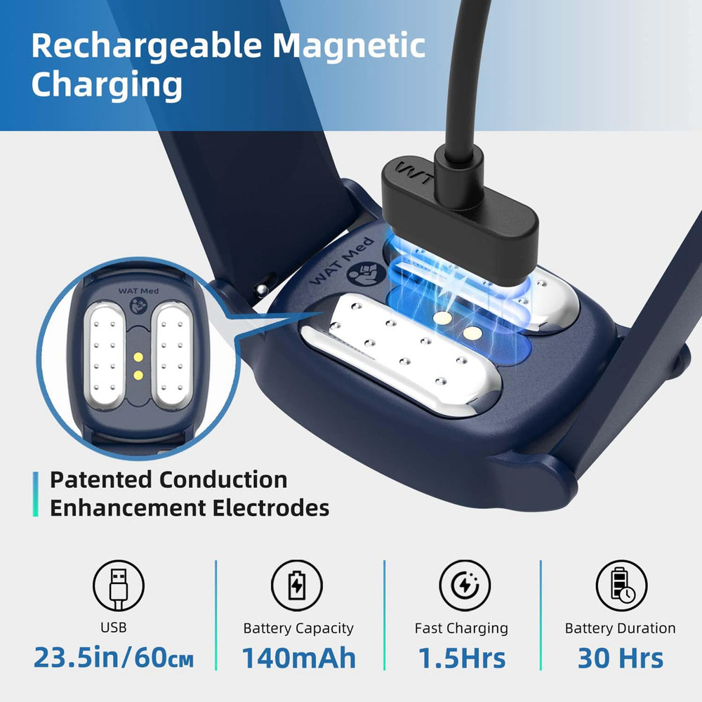 EmeTerm Explore wristband charging setup with magnetic USB cable for travel.