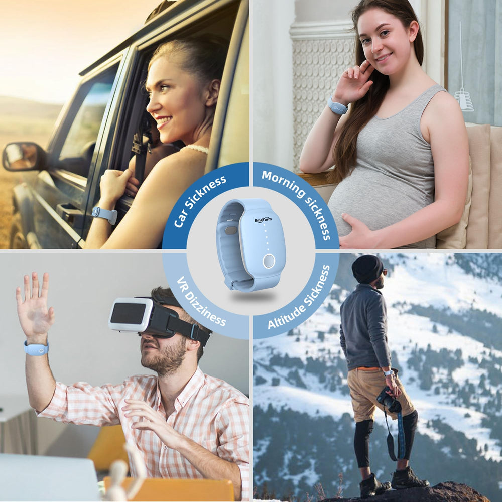 Travel-ready setup shown for motion sickness relief on the go