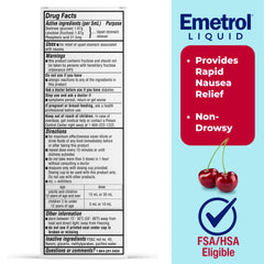 Emetrol cherry-flavor liquid bottle pouring shows fast, non-drowsy relief potential.