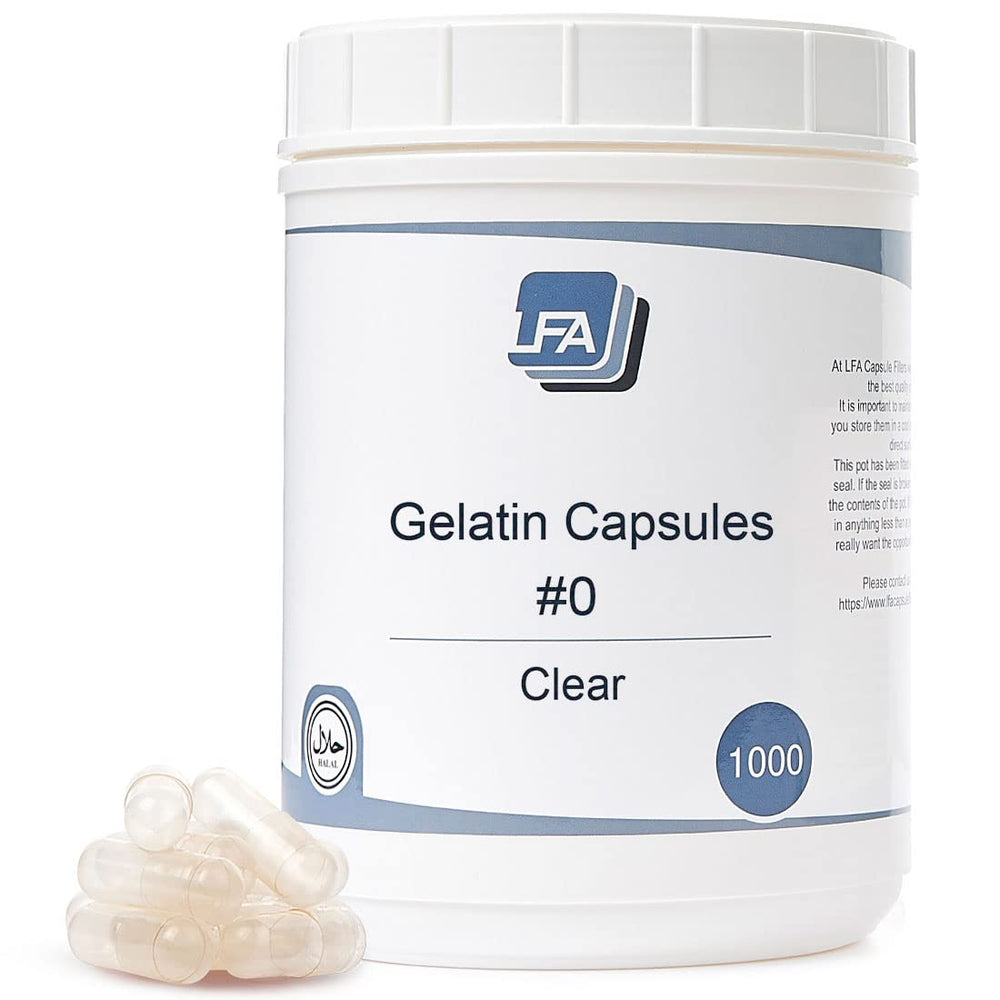 Empty gelatin capsules size 0 (0-1000 count) in clear canister
