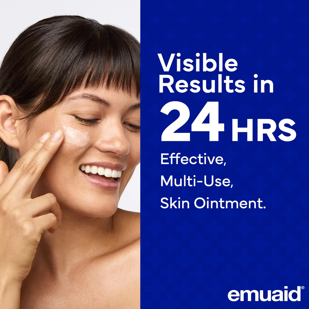 emuaid ointment bottle and ingredients highlight metallic silver and tea tree oil components.