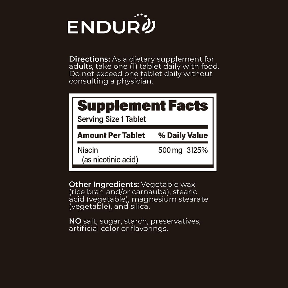 Nutrition facts panel for ENDUR-ACIN Niacin 500mg