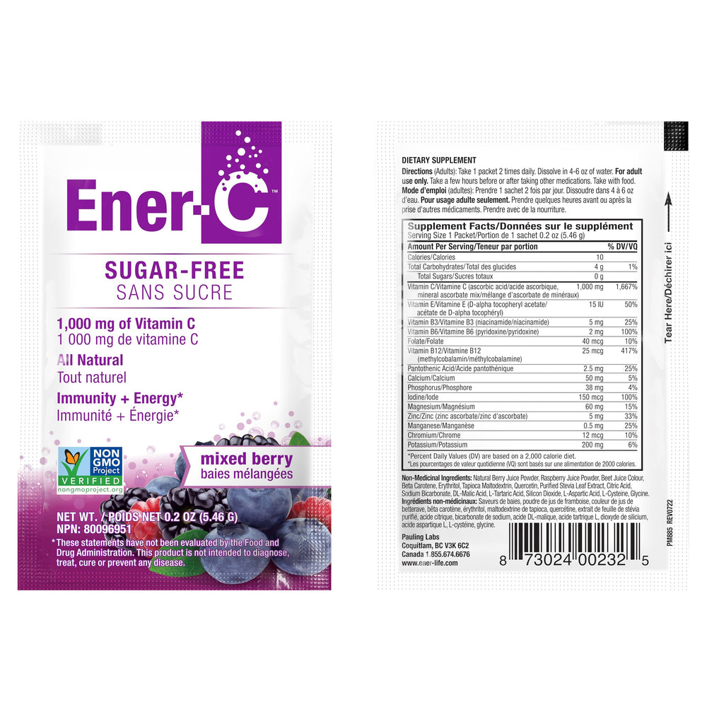 Individual Ener-C powder packet shown with water bottle