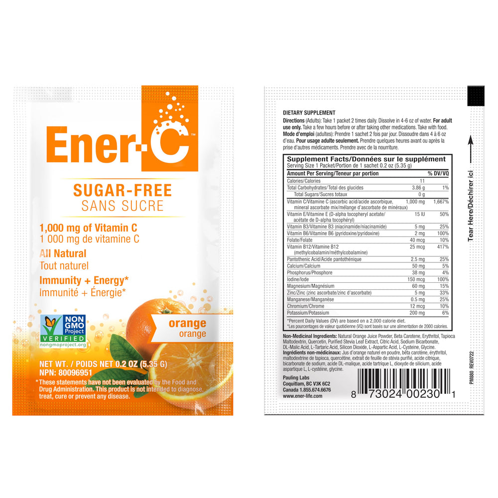 Vegan and gluten-free symbols on Ener-C Sugar-Free Orange packaging