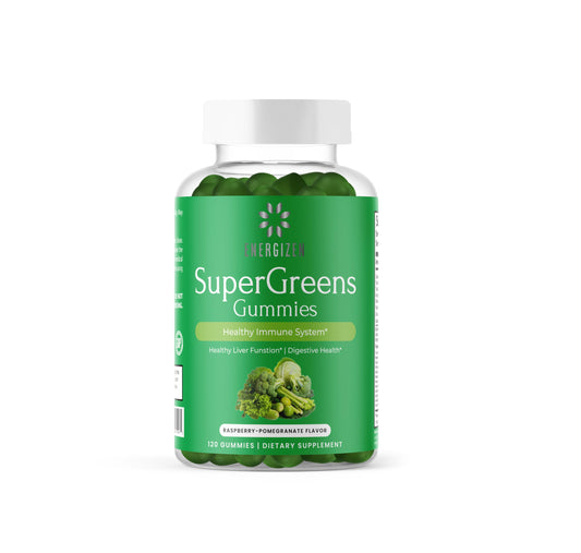 Energizen Green Superfood Gummies Plus bottle with Raspberry & Pomegranate flavor
