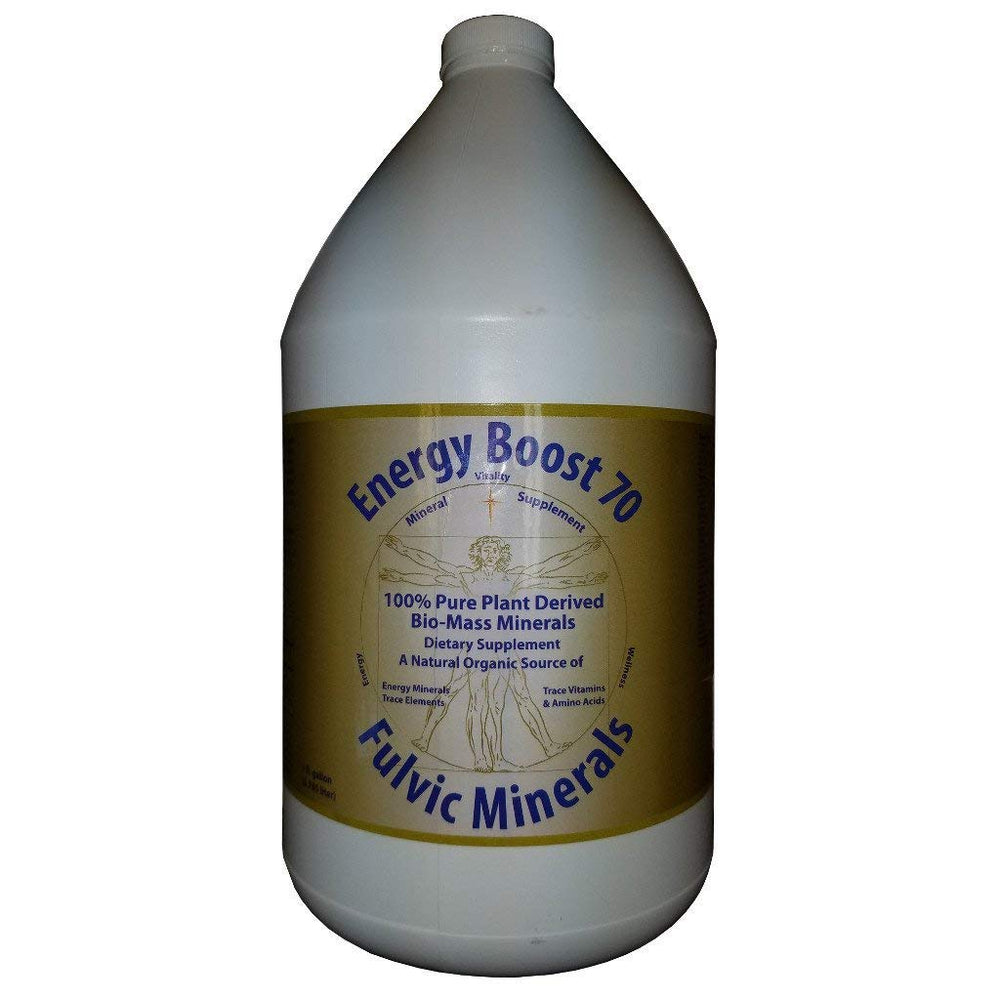 1 gallon bottle of Energy Boost 70 Fulvic Minerals featuring trace elements, vitamins, and amino acids