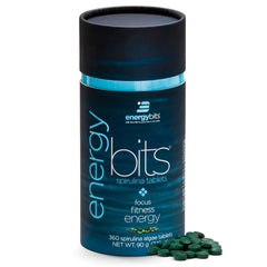 Bottle label of ENERGYBITS spirulina tablets