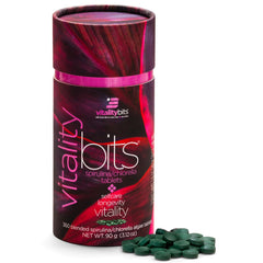EnergyBITS VITALITYbits tablets close-up showing convenient, plant-based energy support.