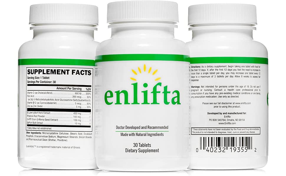 Enlifta mood supplement bottle and capsules on a white background