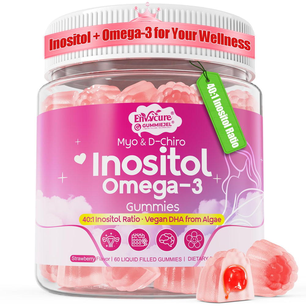 Product bottle and packaging for EnvyCure Inositol + Omega-3 Gummies – 60 count