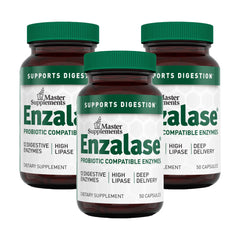 Enzalase digestive enzyme supplement bottle with 50 capsules in a 3-pack