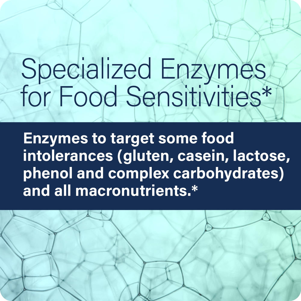 Icons representing gluten, dairy (casein), phenol, and complex carbohydrate sensitivities with enzyme symbols