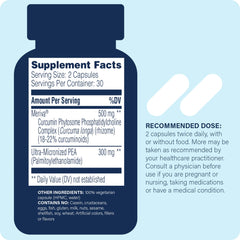Closeup of Enzyme Science PEA+ capsules highlighting Meriva curcumin bioavailability.